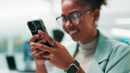 Poster - Happy woman, web designer or typing with phone for UI, UX or app development at office. Female person, programmer or software developer with smile on mobile smartphone for online testing or AI design