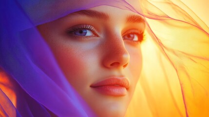 Wall Mural - young woman with transparent purple veil on bright orange background