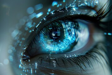 Poster - Close up of an eye with glowing digital interface, representing the integration of technology with human biology