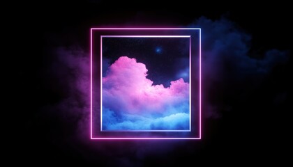 Poster - Abstract Dreaming Metaphor: Cloud Passing Through Square Window On Black With Glowing Pink And Blue Neon In Starry Night Sky, Virtual Reality, And Ultraviolet Light.