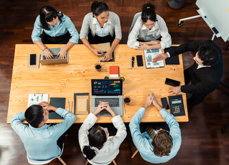 Poster - Panorama top view diverse group of business analyst team analyzing financial data report paper on meeting table. Chart and graph dashboard by business intelligence analysis. Meticulous
