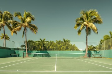 green hard tennis court surrounded by palm trees and tropical vegetation, inviting players to a refr