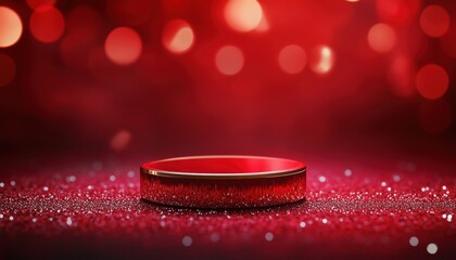 Poster - Luxurious Red Display Podium With Realistic Chinese New Year Ornament, Glittery Light Effects, And Bokeh Decoration.