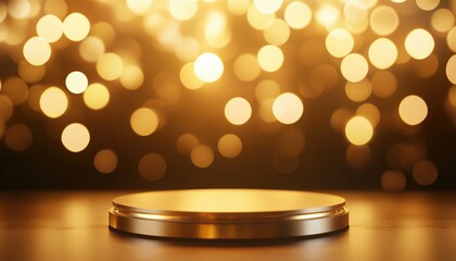 Poster - Elegant Scene Of A Golden Empty Podium On Brown With Neon Light Effect And Bokeh Decoration Perfect For Marketing Promotion.