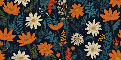 Poster - Colorful floral pattern with various flowers and leaves on a dark background showcasing nature's beauty