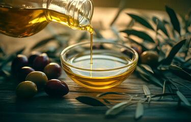 Wall Mural - Olive oil being poured into a bowl with olives nearby