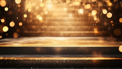 Poster - Luxurious Staircase Screen Featuring Empty Space For Product Showcase Or Awards Ceremony, Enhanced With Spotlights, Bokeh Effect, And Gold Accents.