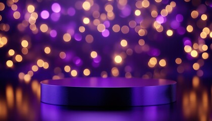 Poster - Luxurious Setting: Violet Podium With Empty Spotlight And Golden Bokeh Decorations. Elegant Scene With A Touch Of Glamour.