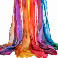 Poster - vibrant rainbow colored scarves hanging and creating a beautiful gradient effect against a white bac