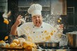 © Aleksandr - Stressed male chef in chaos with food exploding in kitchen