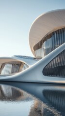Poster - Futuristic urban cityscape reflected in water modern architectural design low angle view aesthetic exploration of urban environments