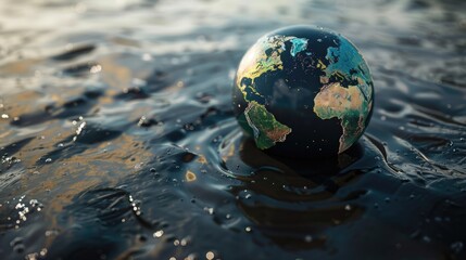earth globe afloat on turbulent waters with black oil petroleum, symbolizing environmental fragility