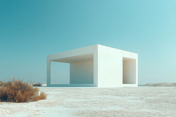 Poster - A minimalist white structure stands in a barren landscape under a clear blue sky.