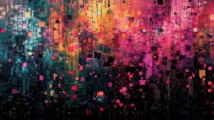 Fototapete - Digital distortion forms neon patterns illuminated by soft light, enhancing the vibrant chaos