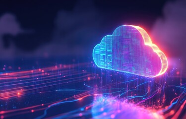 Poster - Digital cloud glowing in a futuristic environment with dynamic data streams, symbolizing cloud computing, innovation, and advanced technology