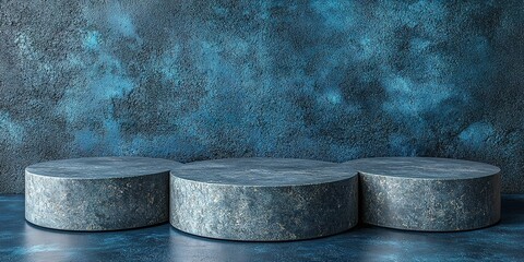 Poster - Stylish stone platforms against a textured blue backdrop create a modern display space for art or products