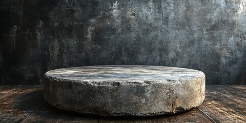 Poster - Industrial style round stone table set against a textured dark wall in a rustic interior space