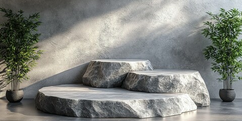 Poster - Modern stone display with greenery in minimalist indoor space during daylight