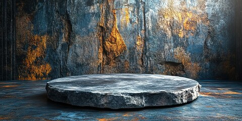 Poster - round stone platform on a textured wall with vibrant colors in an artistic setting during daylight