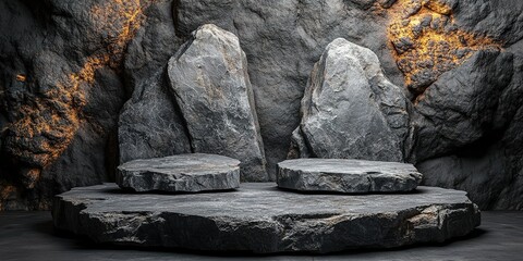 Poster - Two large stone formations arranged on a flat surface in an underground cavern with textured walls illuminated by soft light