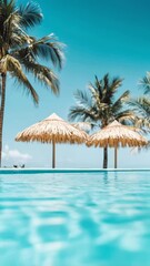 Poster - Crystal clear turquoise water invitingly ripples in a luxurious hotel pool, bordered by swaying palm trees and shaded by straw umbrellas, creating a serene and idyllic vacation scene in slow motion