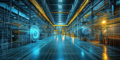 Poster - Modern factory interior with digital overlays showcasing advanced manufacturing processes and technology
