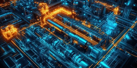 Poster - Complex industrial network featuring futuristic glowing pipelines in a high-tech environment