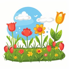 Wall Mural - A field of flowers with a blue sky in the background