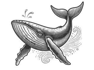 Wall Mural - humpback whale jumping from waves engraving vector