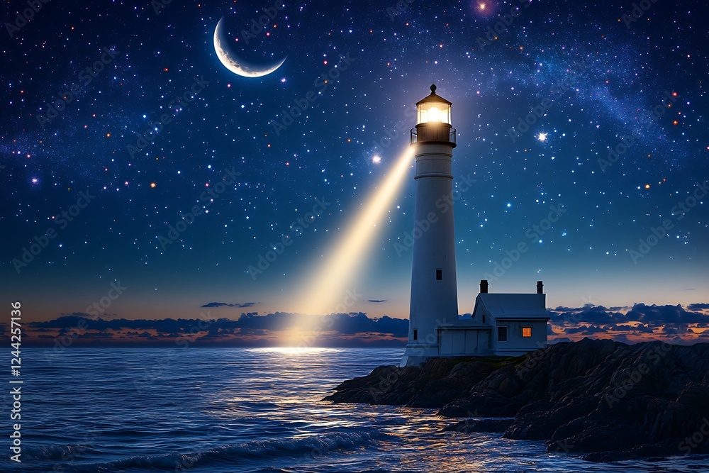 A scenic lighthouse casting its beam over the ocean, under a glowing ...