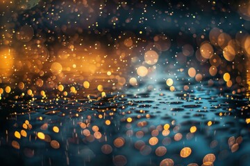 Poster - Golden bokeh effect reflecting on a wet surface during a night rain shower, creating a magical and atmospheric scene