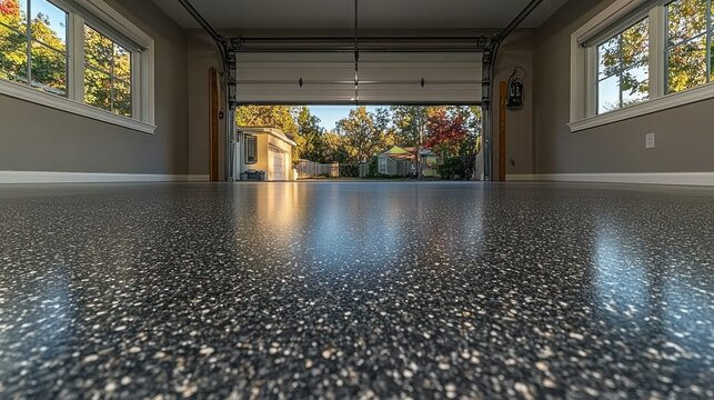 Garage, epoxy floor, open door, autumn, backyard, home improvement