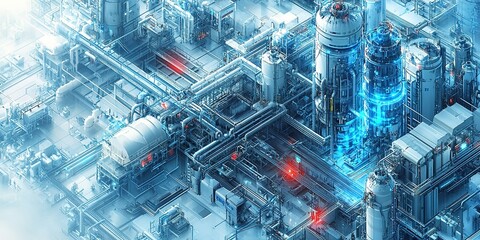 Poster - Industrial complex with interconnected pipes and machinery generating power during daytime hours
