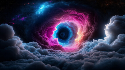 Poster - Colorful cosmic vortex amidst dreamy clouds in a vibrant celestial landscape
