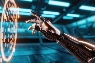Poster - A metallic robotic hand interacts with a futuristic digital interface, showcasing advanced technology.