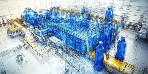 Poster - 3D illustration of a modern bottling plant with blue water bottles and production line elements