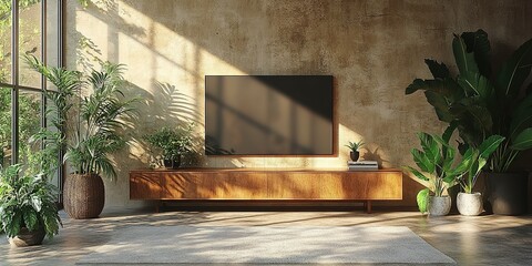 Poster - Modern living room with a minimalist design featuring plants and a large television screen