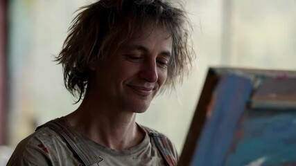 Poster - Professional artist wearing protective apron standing near easel, gazing proudly at colorful artwork with genuine creative satisfaction and pure artistic passion