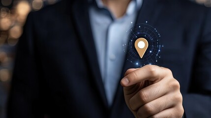 Poster - a businessman touches a digital location icon on a virtual screen, showcasing a global network with 