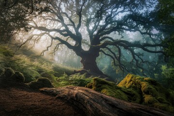 Poster - Ancient, moss-covered oak tree in a mystical forest bathed in sunlight.
