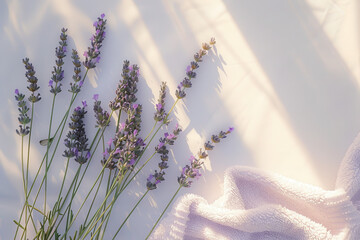 Wall Mural - A serene arrangement of lavender flowers beside a soft towel, capturing a calming atmosphere.