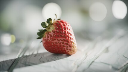 Poster - A single, ripe strawberry rests on a subtly textured surface, bathed in soft, diffused light.