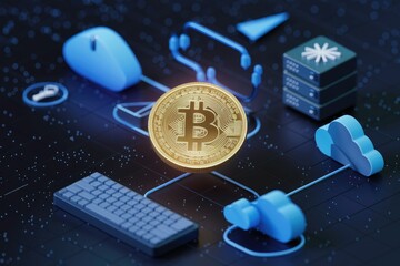 Poster - Bitcoin cryptocurrency network visualized with cloud computing, servers, and peripherals.