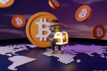 Poster - A 3D robot holds a glowing treasure chest on a world map with Bitcoin symbols floating around, symbolizing global cryptocurrency.