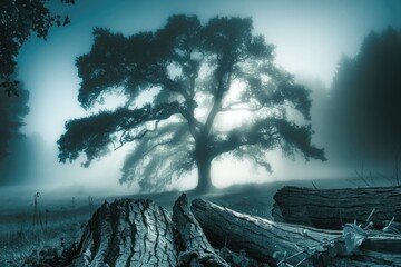 Aufkleber - Enigmatic oak tree shrouded in mist, ancient logs in the foreground, ethereal atmosphere.