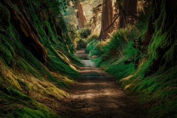 Poster - Sunlit path winds through a lush, mossy forest, ancient redwood trees towering overhead.
