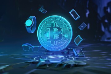 Poster - Futuristic digital Bitcoin coin surrounded by smart devices, illustrating cryptocurrency's integration into modern technology.