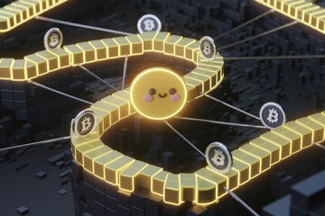 Poster - Happy Bitcoin network visualized as a glowing path with connected coins, symbolizing seamless transactions.