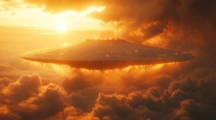 a spaceship is flying through the sky with a sun in the background