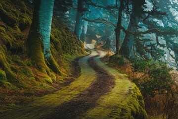 Poster - A winding path through a mossy, mystical forest, sunlight filtering through the ancient trees.
